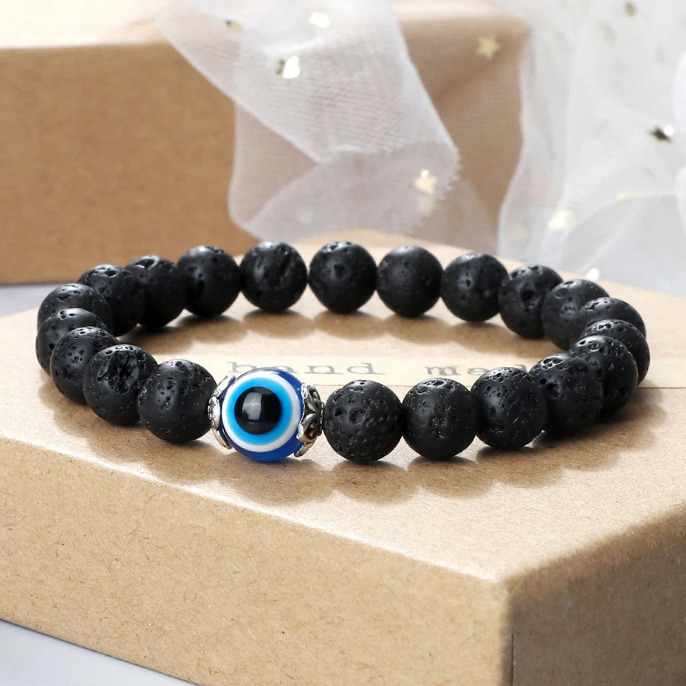 8mm White Cat Eye Stone Beads Evil eye Bracelet Men Tiger Eye Black Beads Turkish style Strand Bracelet For Women female Jewelry