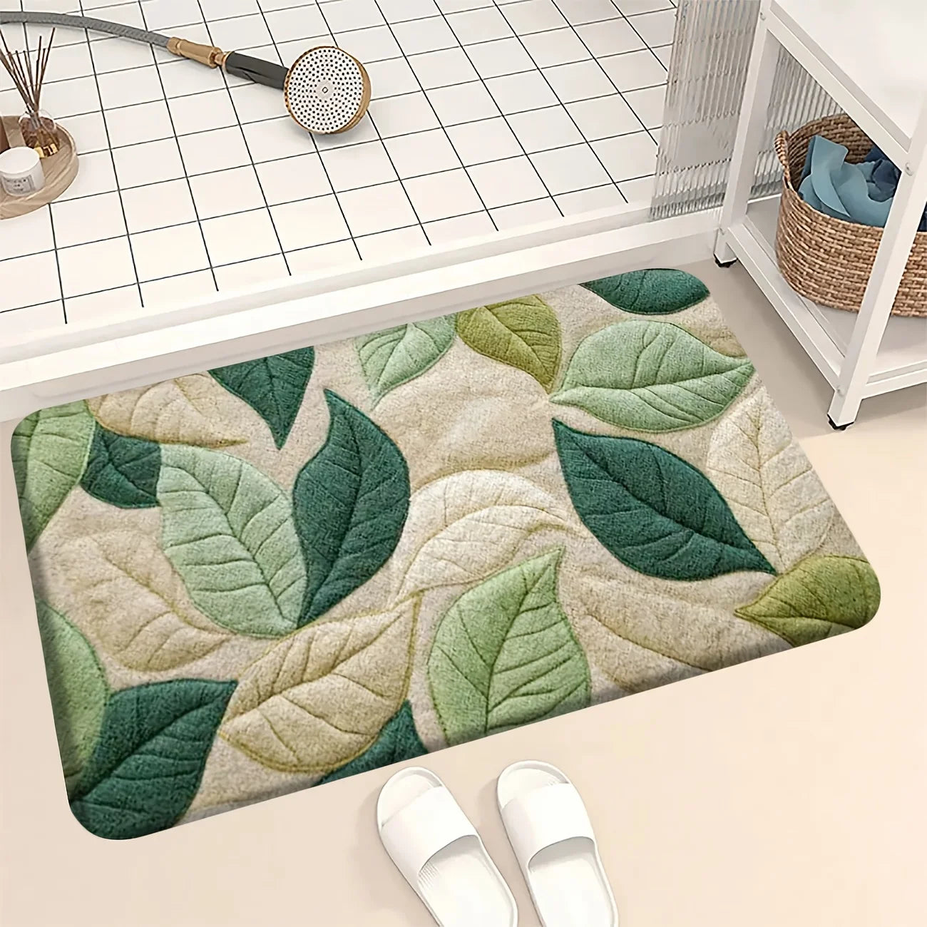 Hemasa Green Leaf Pattern Bath Mat/Soft Flannel Non-Slip Rug/Kitchen/Entryway/Shower