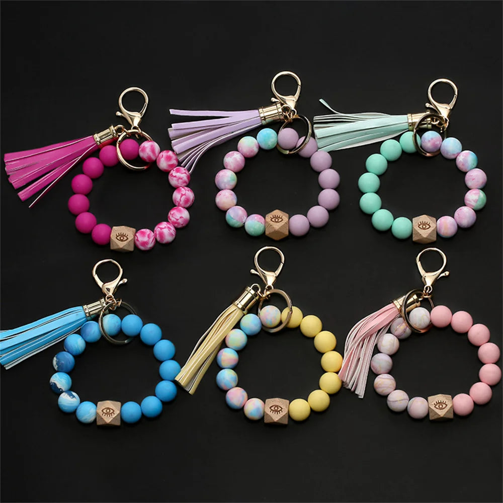 New Colorful Silicone Bead Bracelet PU Tassel Keychain Leopard Pattern Bracelet Beads Wearing Tassel Anti Loss Bracelet Keyring