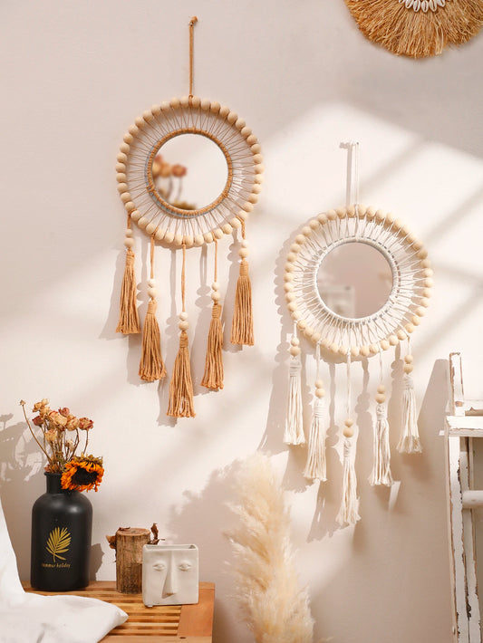 Hemasa Wall Mirror Macrame Wooden Beads Decorative Mirrors Boho Home Decoration Room Decors Aesthetic Wall Art For Living Room