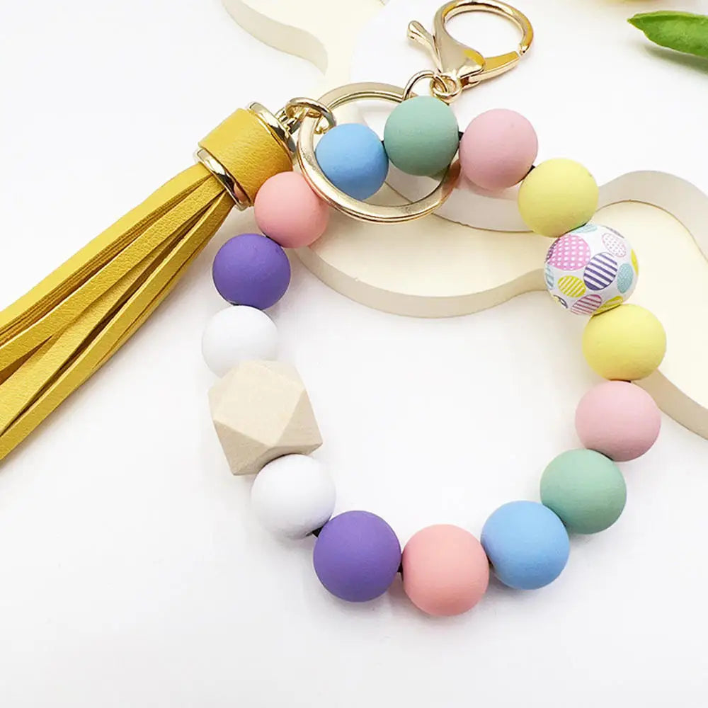 Silicone Bead Keychain Bracelet Key Ring Wristlet Key Chain For Women With Boho Tassel Bag Pendant Oatmeal