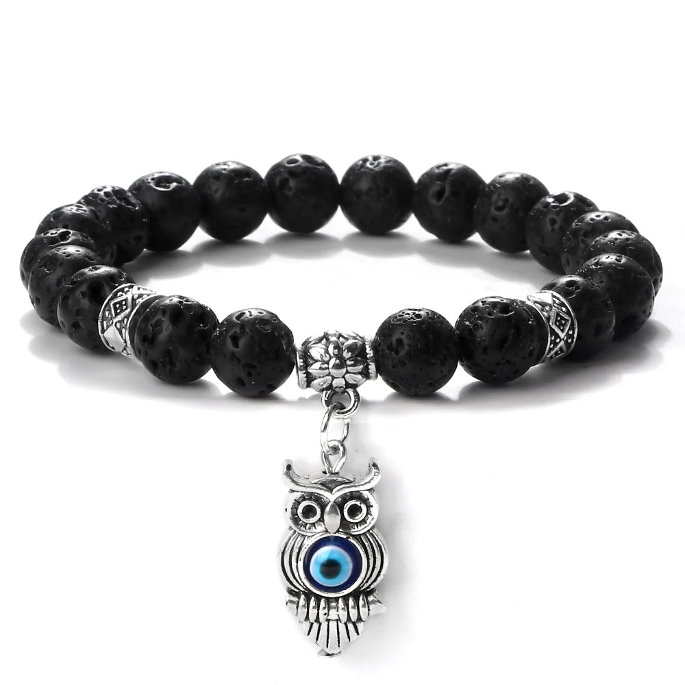 6 8mm Chakra Beads Men Bracelets Charm Owl Evil Eye Pendant Classic Tiger Eye Stone Agate Quartz Malachite Women Yoga Jewelry