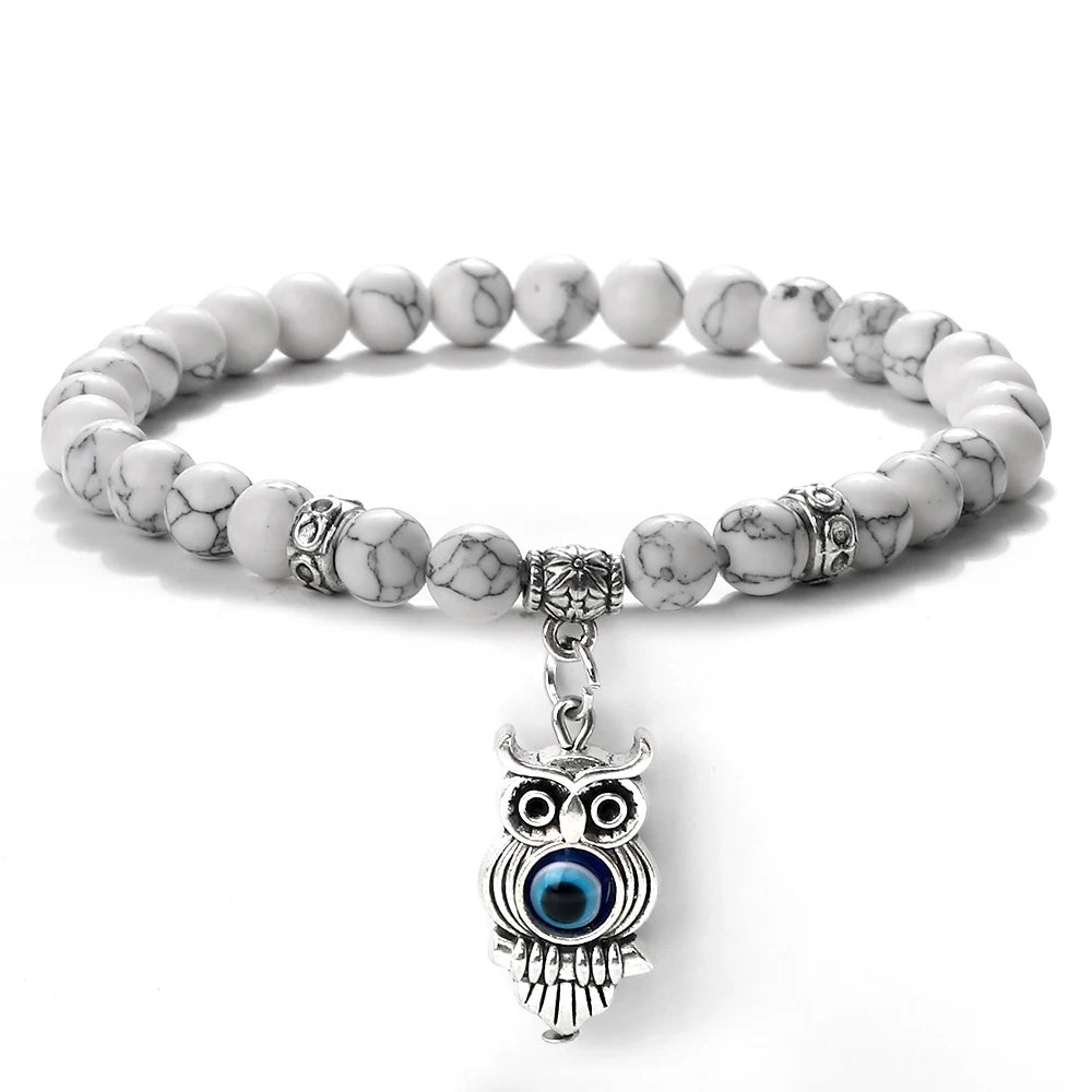 6 8mm Chakra Beads Men Bracelets Charm Owl Evil Eye Pendant Classic Tiger Eye Stone Agate Quartz Malachite Women Yoga Jewelry