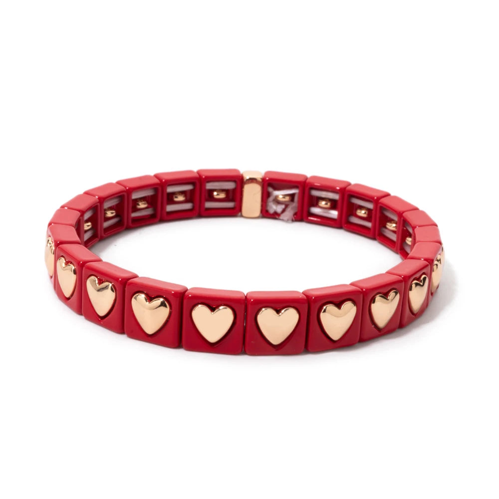 8mm Square Shape Love Bangle For Women Rainbow Color Peach Boho Enamel Elastic Beads Bracelets