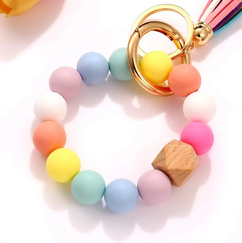 Silicone Key Ring Bracelet Beaded Wrislet Keychain Portable House Car Keys Ring