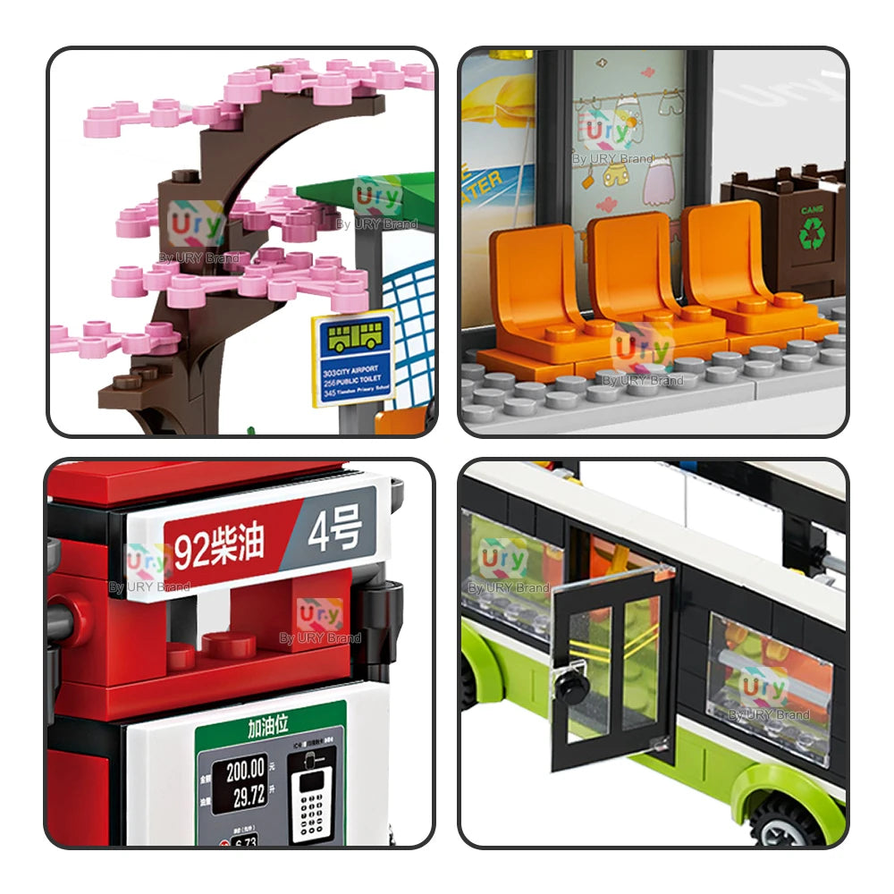 City Traffic Car Green Blue Passenger Bus Station Single-Deck Public Set Figures Model Building Blocks DIY Toys for Boys Gifts