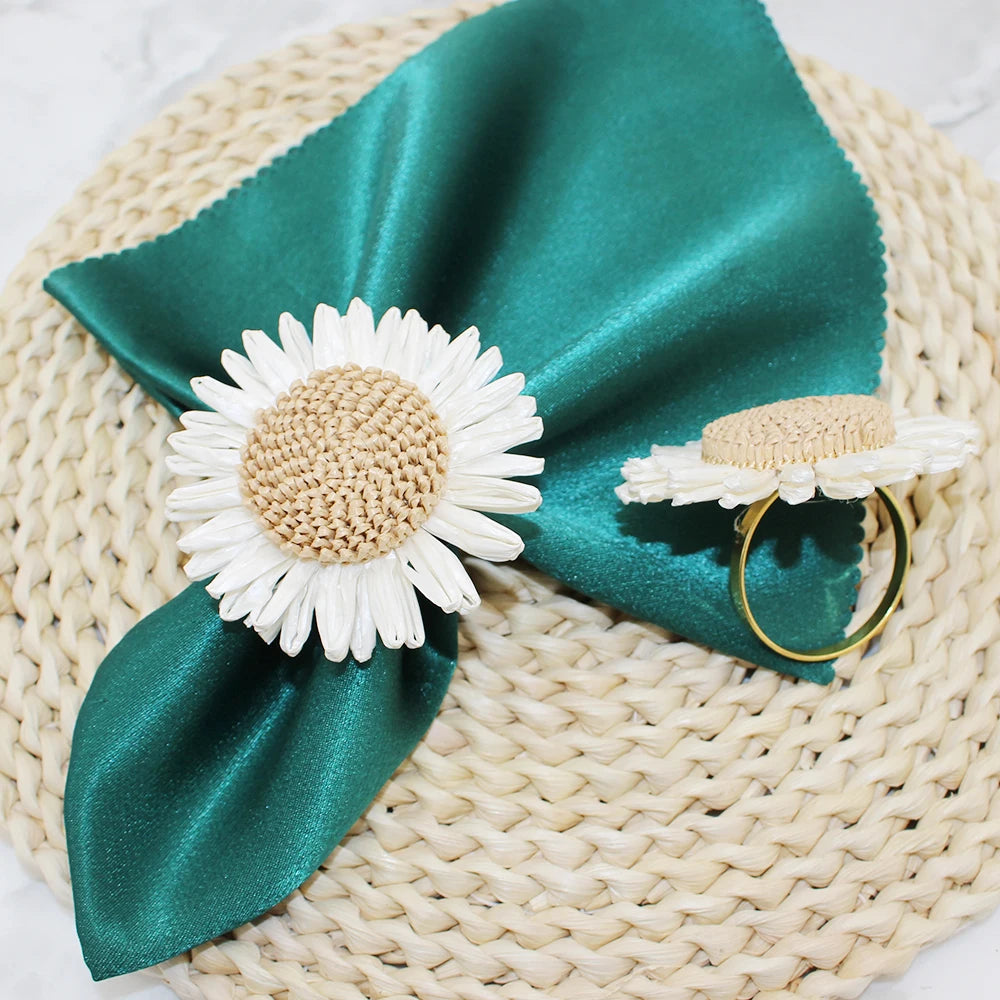 8PCS Sunflower Napkin Ring Raffia Handmade Daisy Flower Napkin Holder for Valentine Wedding Thanksgiving Party Table Decor HWF77