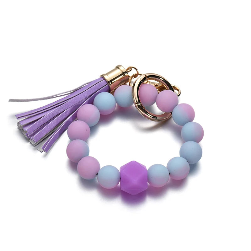 Silicone Beads Keychain Keyring For Women Wristlet Bracelet Tassels Pendant Keychain Jewelry Accessory glows in the dark