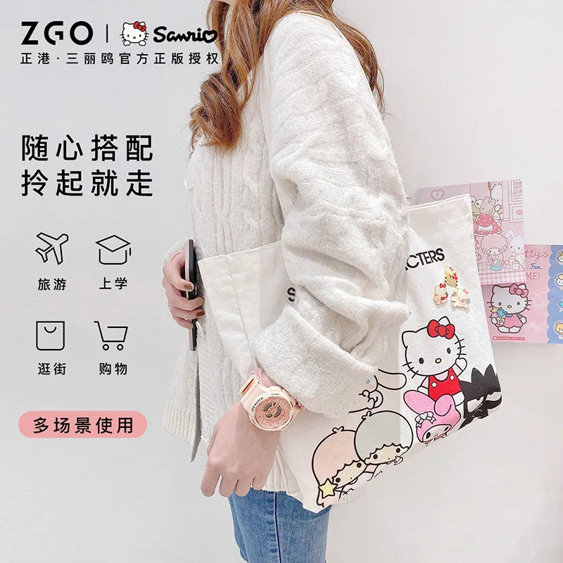 Sanrio Canvas Bag Cartoon Pure Cotton Hello Kitty Shopping Bag Cinnamoroll Tote Bag Student Storage Bag One Shoulder Cotton Bag