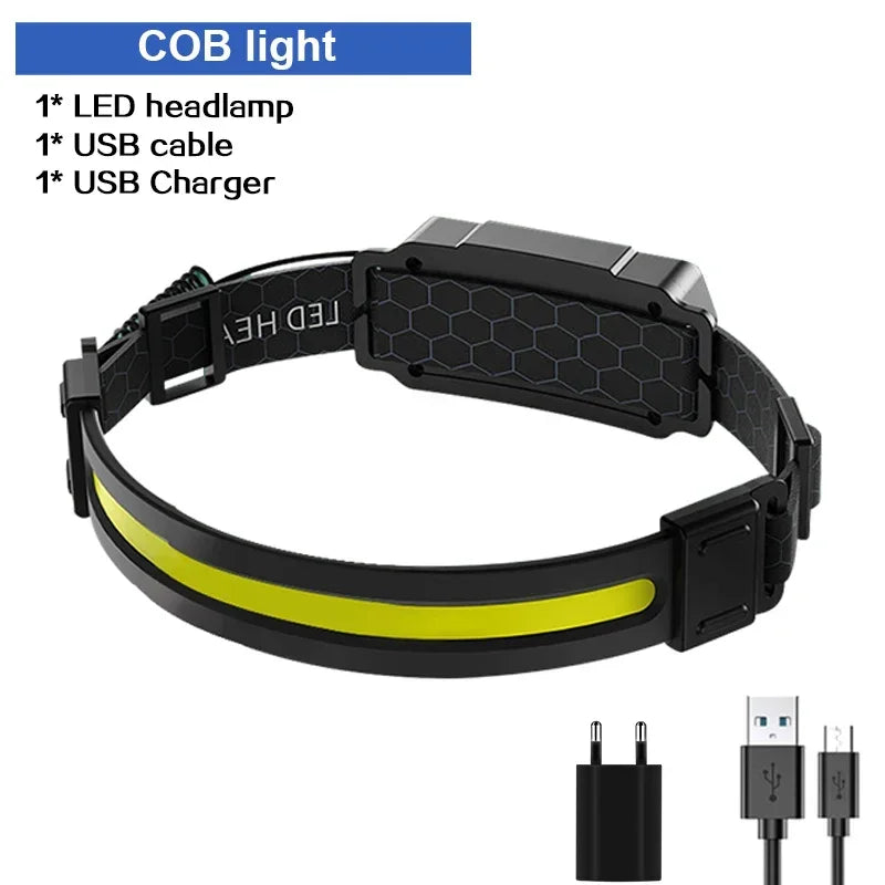 Super Bright XPG+COB Flood Sensing Headlight Type-C Charging Outdoor Zoom Fishing Hiking Lighting Headworn Flashlight