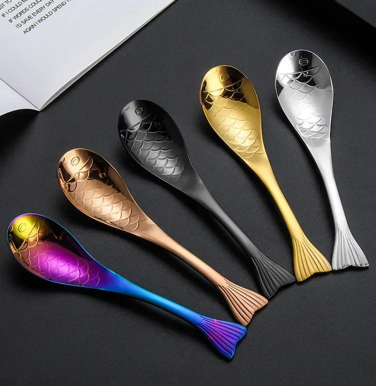 304 stainless steel spoon spoon creative fish-shaped cartoon fish spoon dessert spoon rice spoon gold-plated stirring spoons