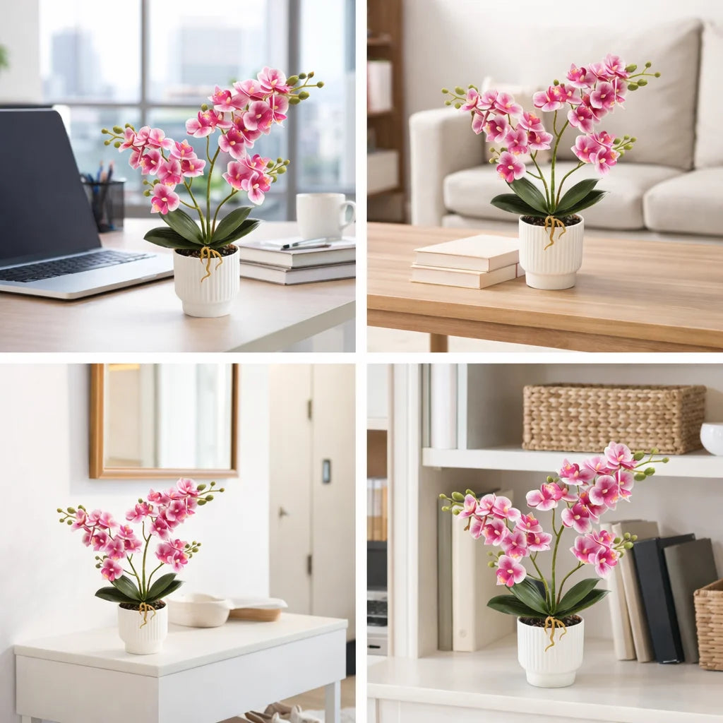 16'' Artificial Phalaenopsis Fake Flower Bonsai Desktop Faux Orchid in Pot for Home Living Room Kitchen Office Indoor Decoration