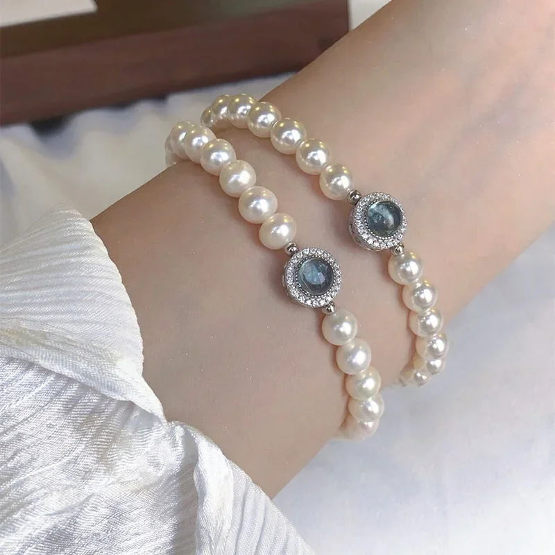 925 Sterling Silver Blue Zircon Pearl Bracelet Women French Vintage Luxury Charm Bracelets Fashion Party Jewelry Holiday Gifts