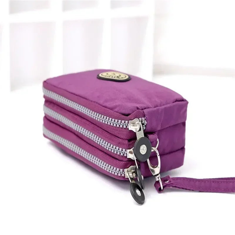 Women Three-layer Long Zipper Coin Money Pocket Purse Women's Handbag Wrist Mobile Phone Card Key Coin Bag Wallet Washable Cloth
