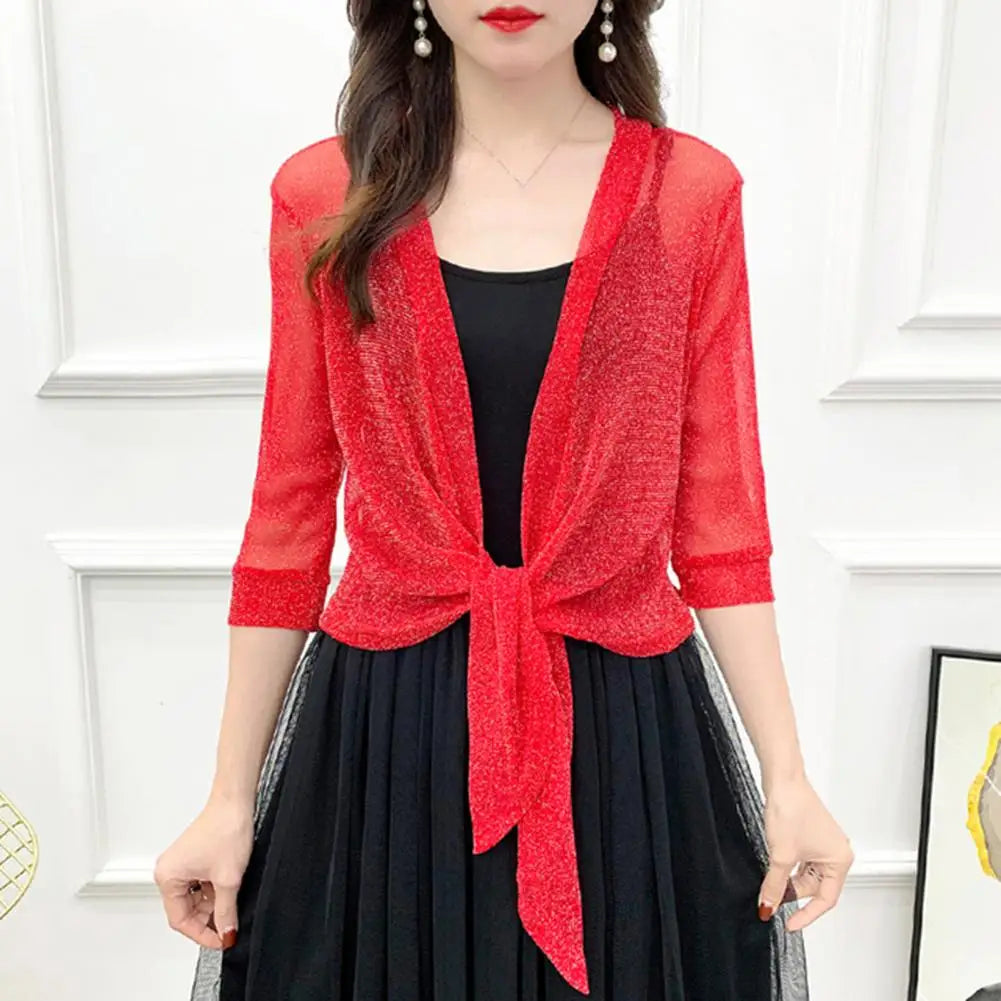 Hemasa Women Summer Cardigan V-neck  r Thin Blouse Half Sleeves Sunscreen Lace Up Top Anti-shrink Short Jacket