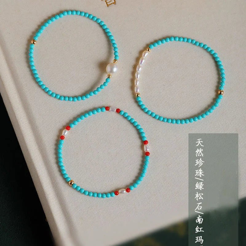 Minar Unusual Multiple Rice Freshwater Pearl Red Agate Turquoise Natural Stone Beads Beaded Strand Bracelets for Women Female
