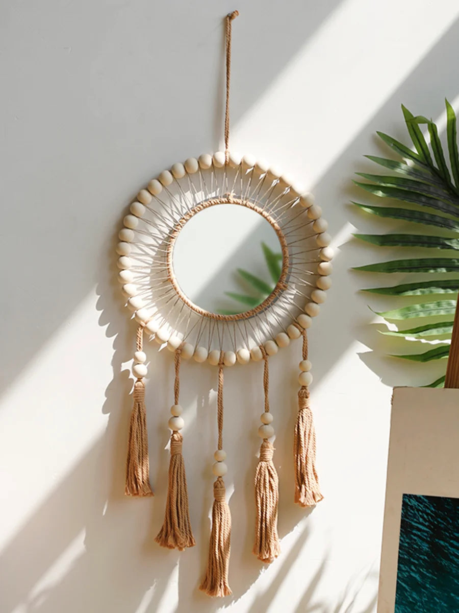 Hemasa Wall Mirror Macrame Wooden Beads Decorative Mirrors Boho Home Decoration Room Decors Aesthetic Wall Art For Living Room