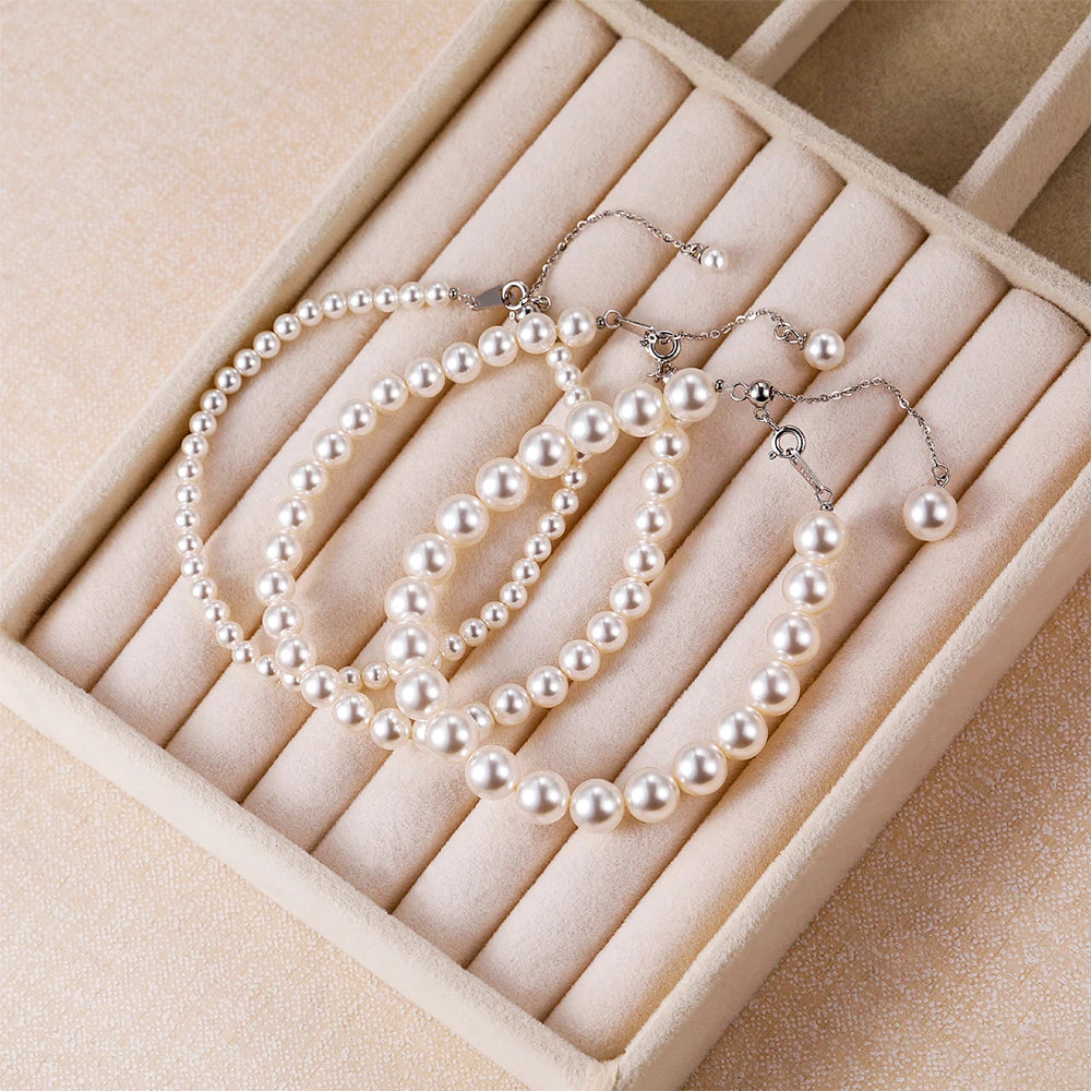 Trumium 925 Sterling Silver Real Pearl Bracelet for Women Girl Beaded Freshwater Cultured Pearl Bangle Bridal Jewelry Gift