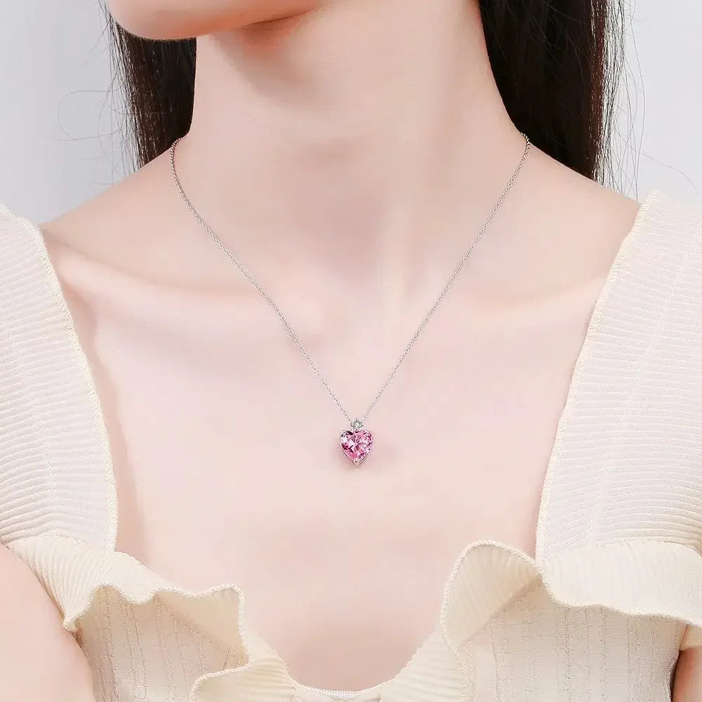 Hemasa 925 Sterling Silver  Diamond Heart-Shaped Pink Pendant Clavicle Chain Necklace (40cm +5.0cm)