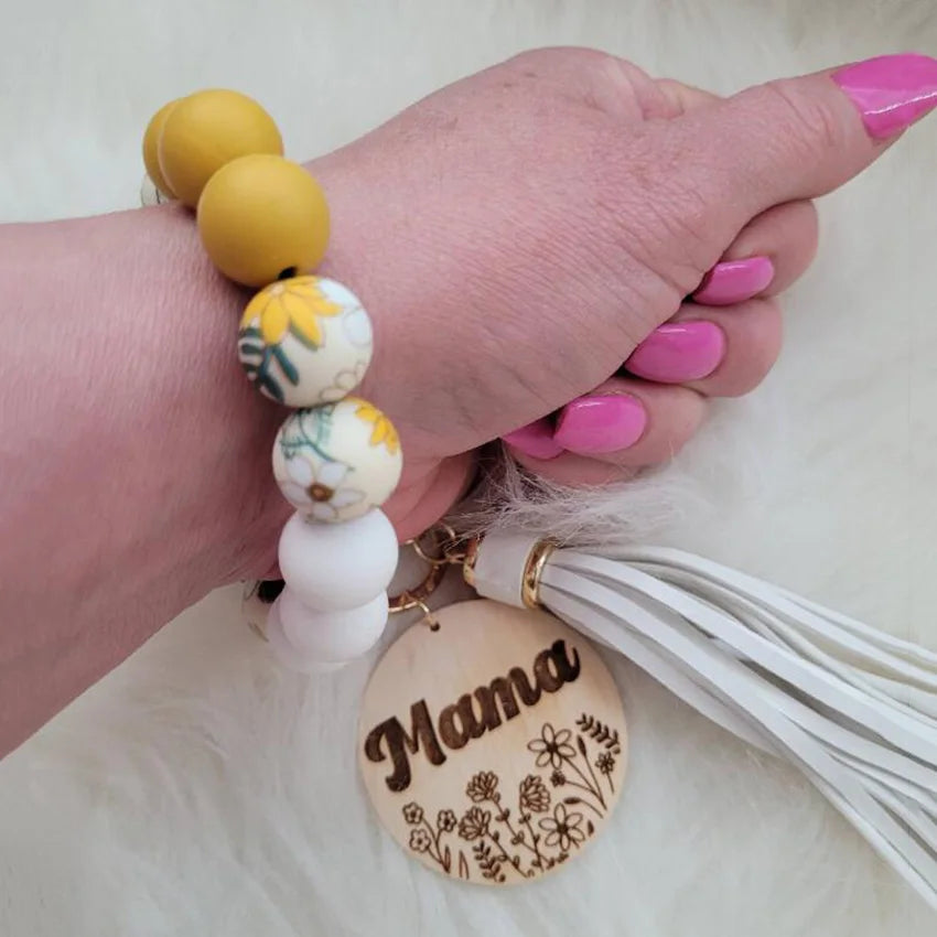 Hemasa Silicone Beads Mama Wood Disc Wristlet Keychain for Mother Day