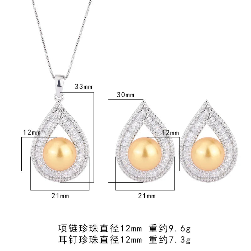925 Silver Needle 12MM Big Pear Water-drop Earrings Necklace for Women Girls Vintage Dinner Party Gift Zircon Charm Jewelry Set