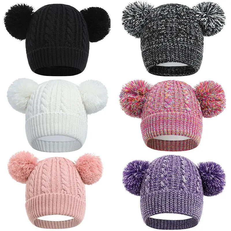 Autumn Winter Knitted Hat for Baby Boys Double Pompom Plus Velvet Beanie Girls Keep Warm Hats Kids Accessories 4-6 Years Old