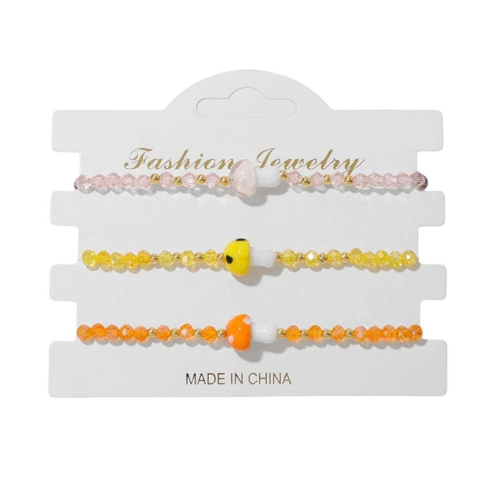 Tejesa 3pcs Handmade Crystal Glass Beads Bracelet Cute Mushroom Charm Bracelets for Women Girls Lucky Fashion Set Jewelry Gift 3x4mm