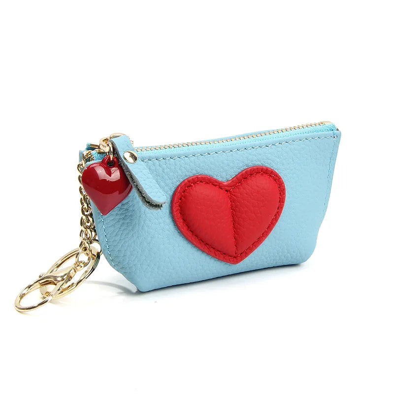 Tejesa Women's Soft Leather Coin Purses with KeyChain /Small Zipper Coin Pouch for Women Heart Pendant Zero Wallet Zipper Pocket