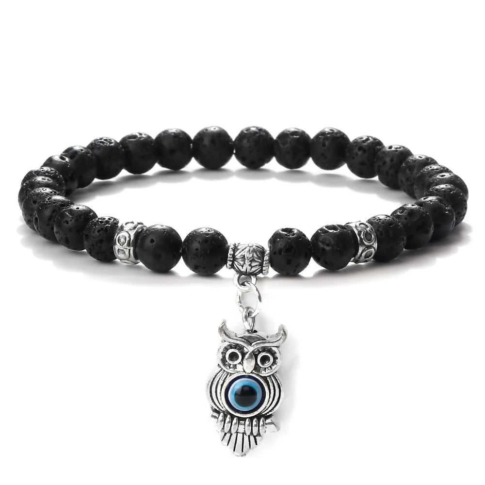 6 8mm Chakra Beads Men Bracelets Charm Owl Evil Eye Pendant Classic Tiger Eye Stone Agate Quartz Malachite Women Yoga Jewelry