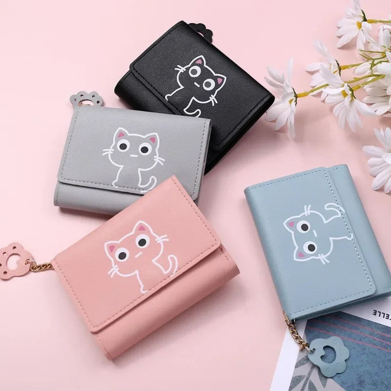 Women Short Wallet Cute Cat Credit Card Money Wallet Leather Small Purse Girls Cat Money Bag Card Holder Ladies Female Hasp