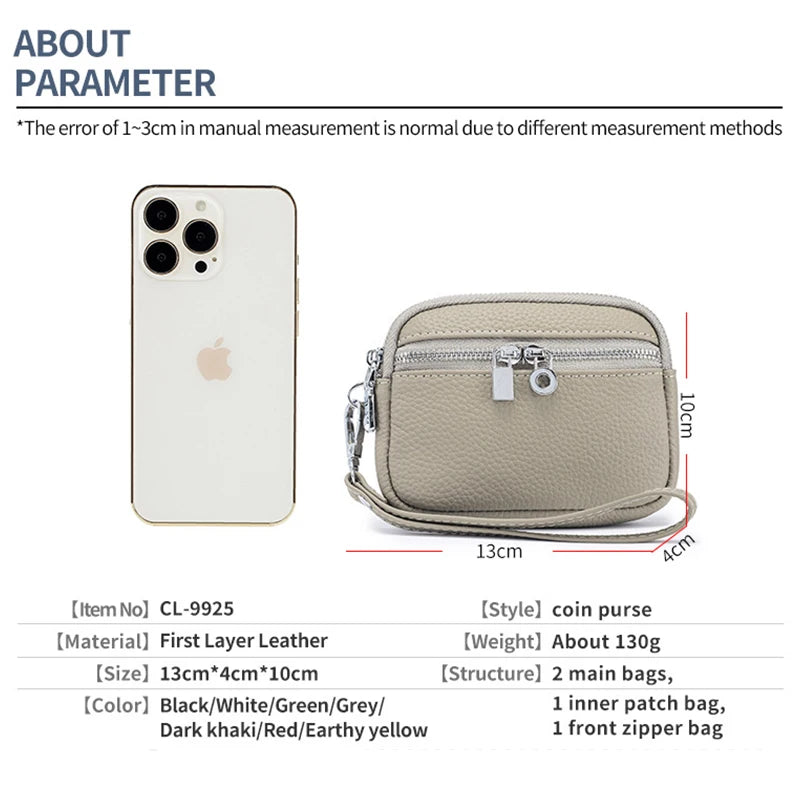Large Capacity Women's Wallets Genuine Leather Short Coin Purse Leather Zipper Multi-function Mini Clutch Bag with Wrist Strap