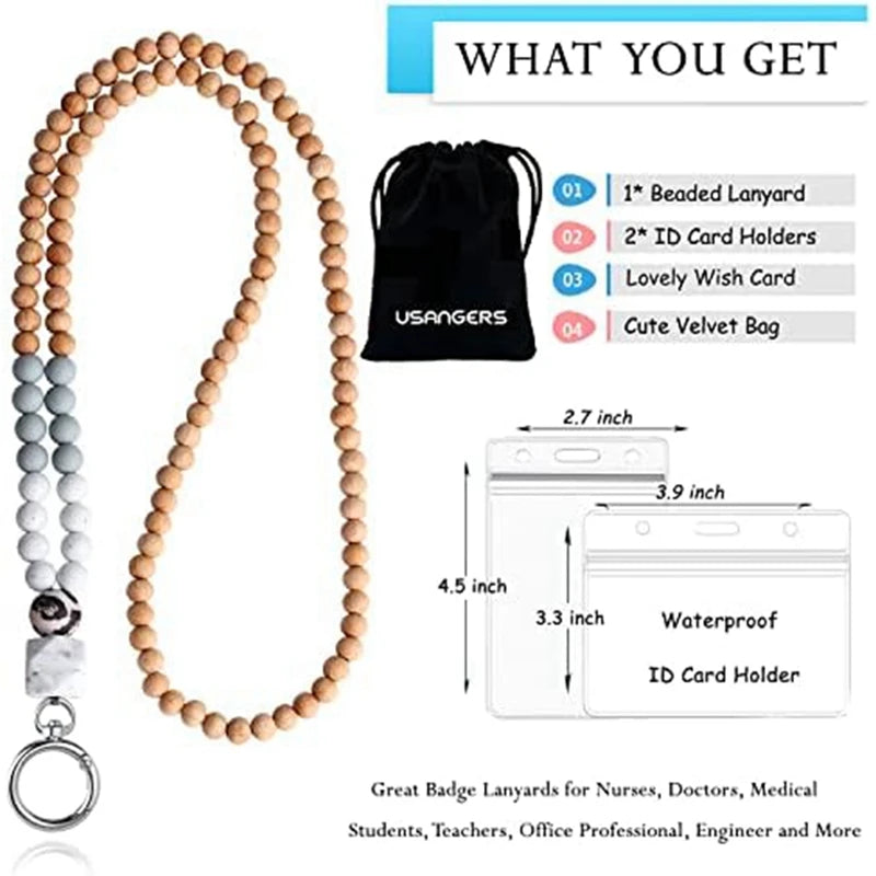 Hemasa ID Badge Key Lanyard Silicone Wood Bead Lanyard Necklace School Office Work Jewelry