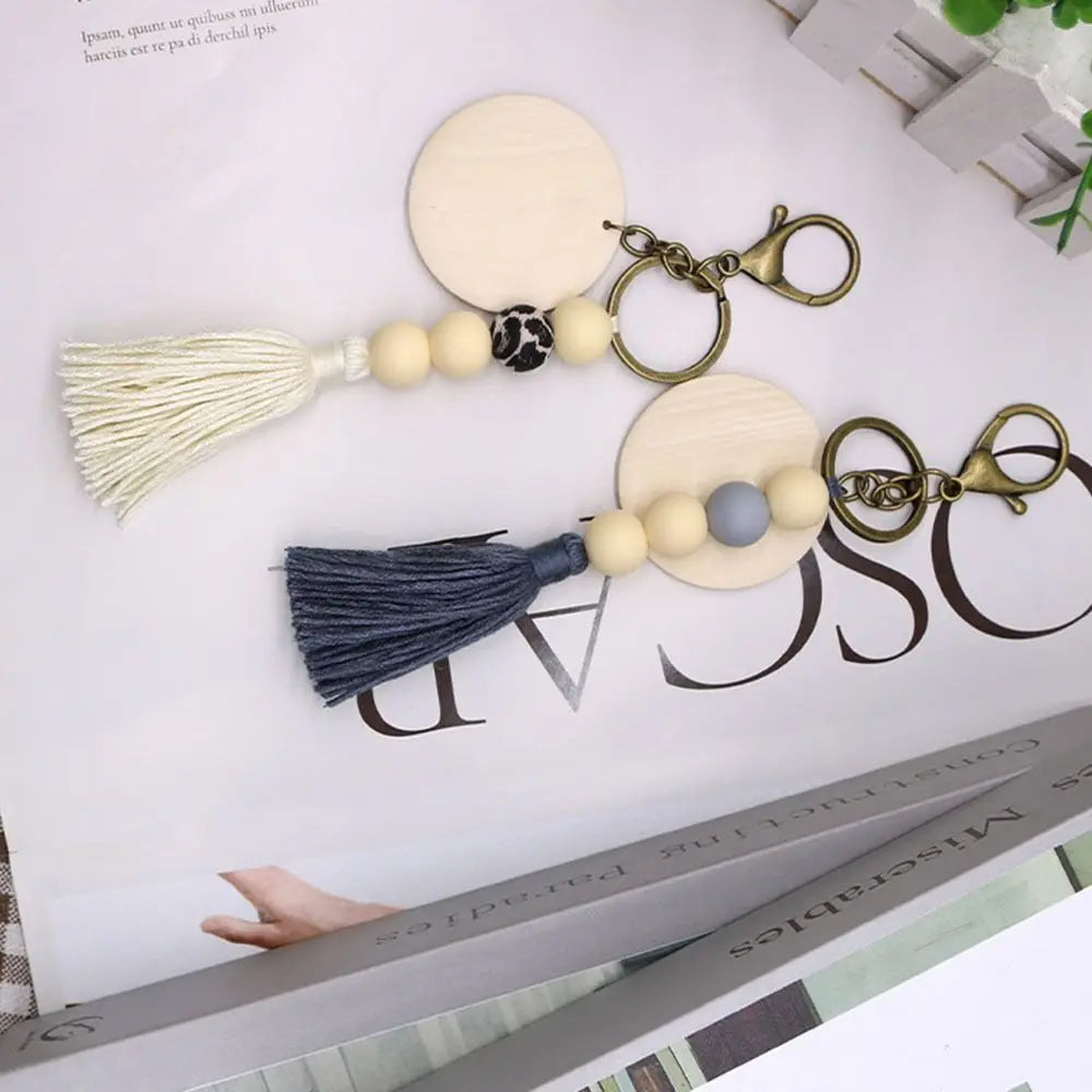 Silicone Beads Key Chain Decorative Pendant Tassel Key Ring Delicate Wooden Pendant Charms for Women Car Key Pendant