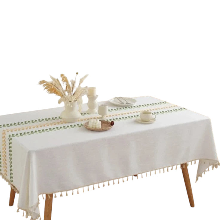 Hemasa Cotton Linen Green leaf embroidery with Tassel Rectangular Table Cloth