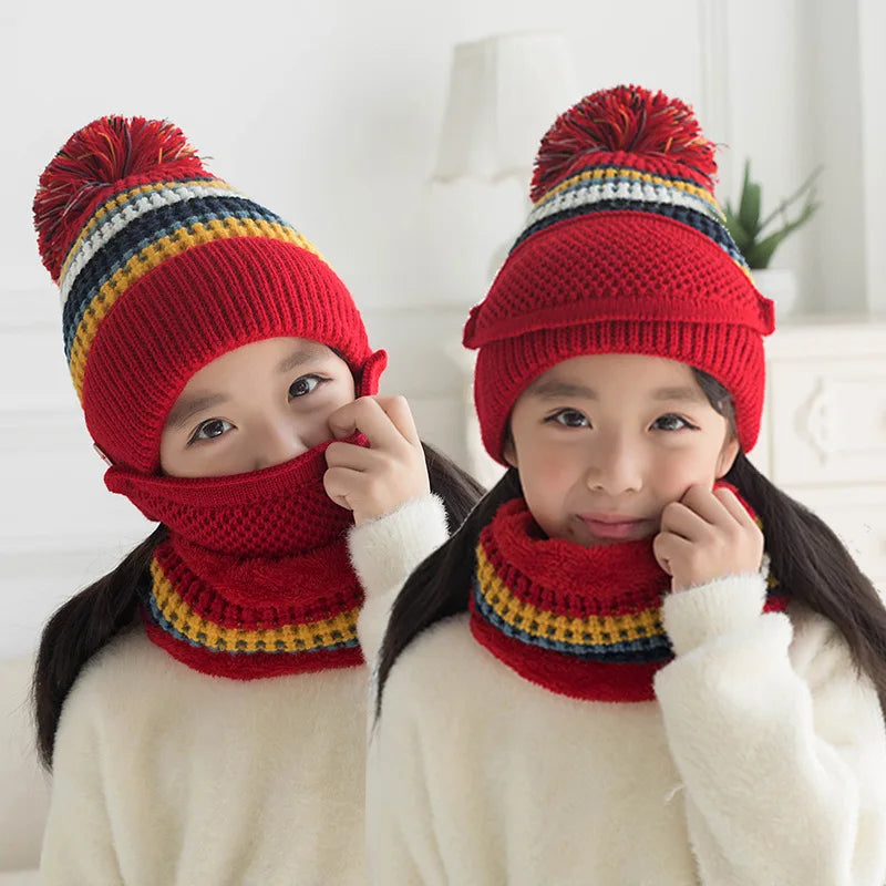 3-10 Years Old Fleece Lined Winter Hats for Girls Knit Beanie Cap Scarf Mask Set Warm Soft Slouchy Skull Cap Snood with Pom Pom