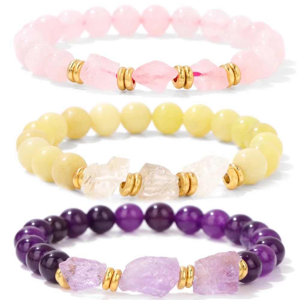 Irregular Raw Quartzs Charm Bracelet Rose Quartzs Amethysts Citrines Beads Elastic Bracelets For Women Men Healing Reiki Jewelry