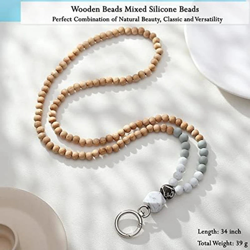 ID Badge Key Lanyard Silicone Wood Bead Lanyard Necklace School Office Work Jewelry
