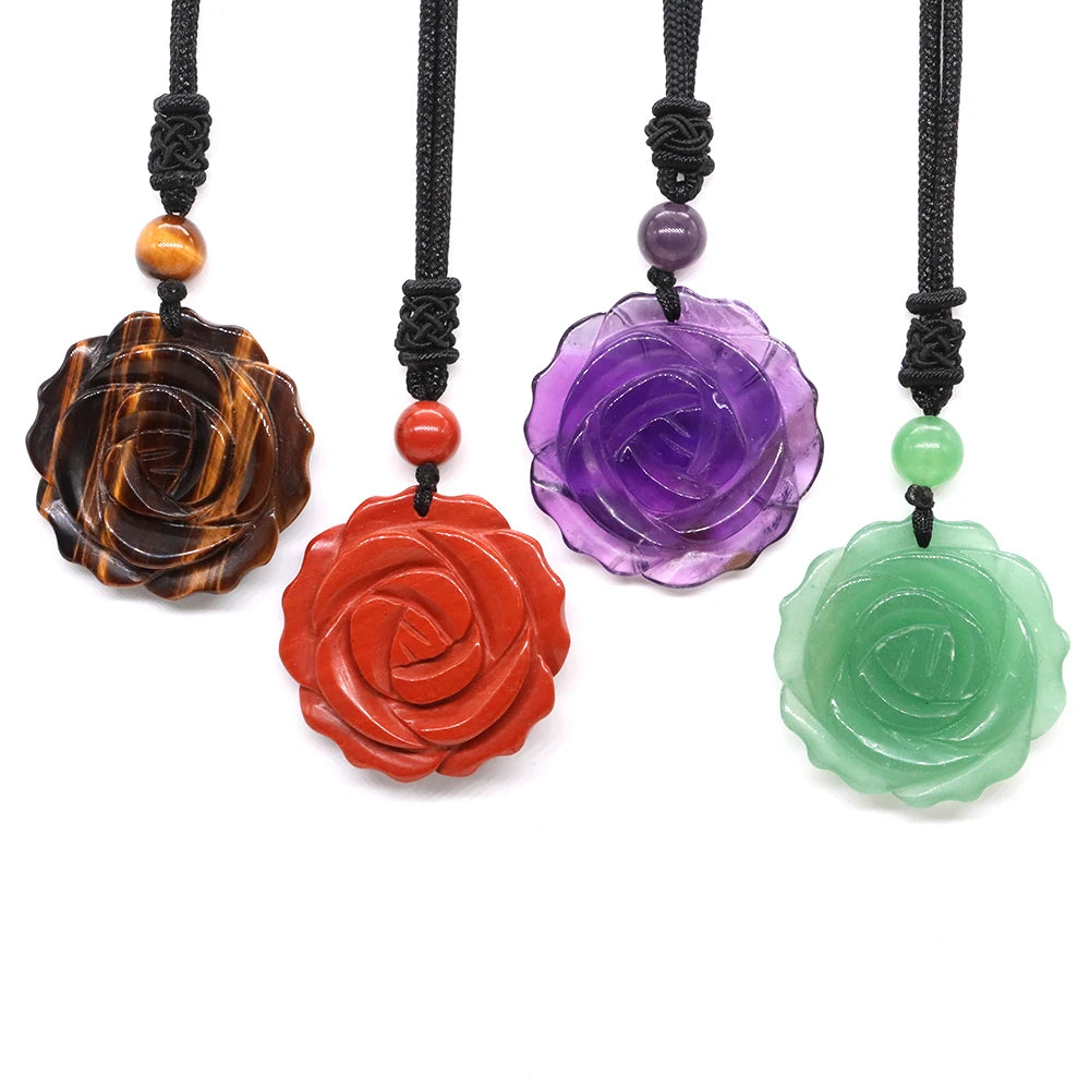 Hemasa 30mm Rose Flower Stone Pendant Necklace/ Natural Healing Crystals Amethyst Tiger Eye Agate Bead Neckalce