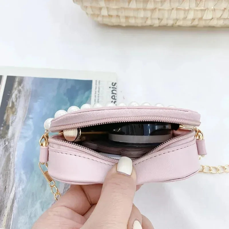 New Small Heart Coin Wallet Pouch Baby Girls Party Pearl Hand Bags Kids Purses Chic Crossbody Bag Ladies Chain Shoulder Bags