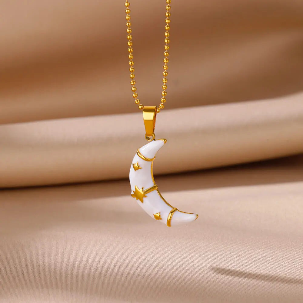 Hemasa White Moon Pendant  Gold Color Stainless Steel Necklaces  for Women Aesthetic Waterproof Jewelry Accessories Gift