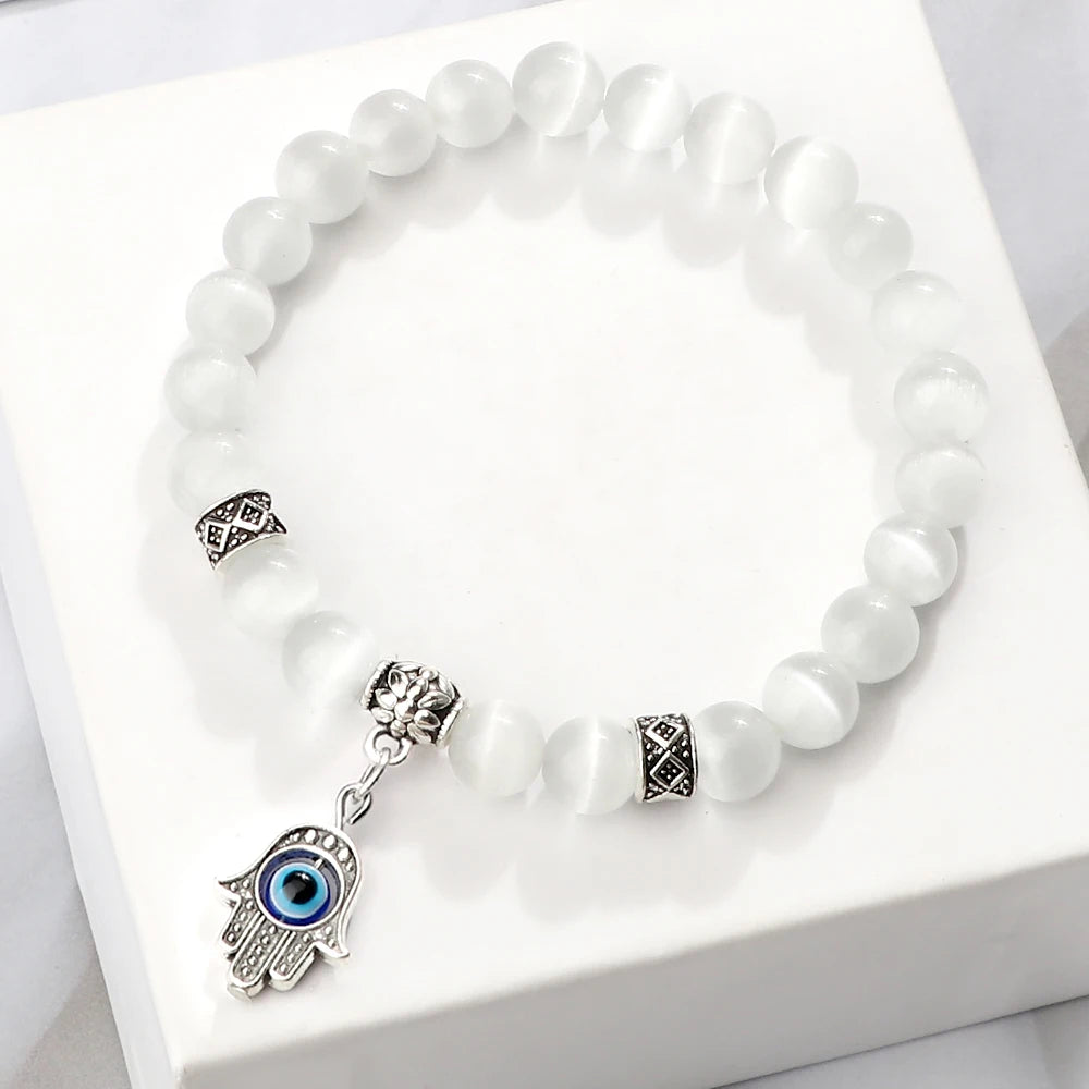 6 8mm Natural Cat Eye Stone Bracelet White Opal Beads Butterfly Hand Of Fatima Women Bracelets & Bangles Lucky Evil Eye Jewelry
