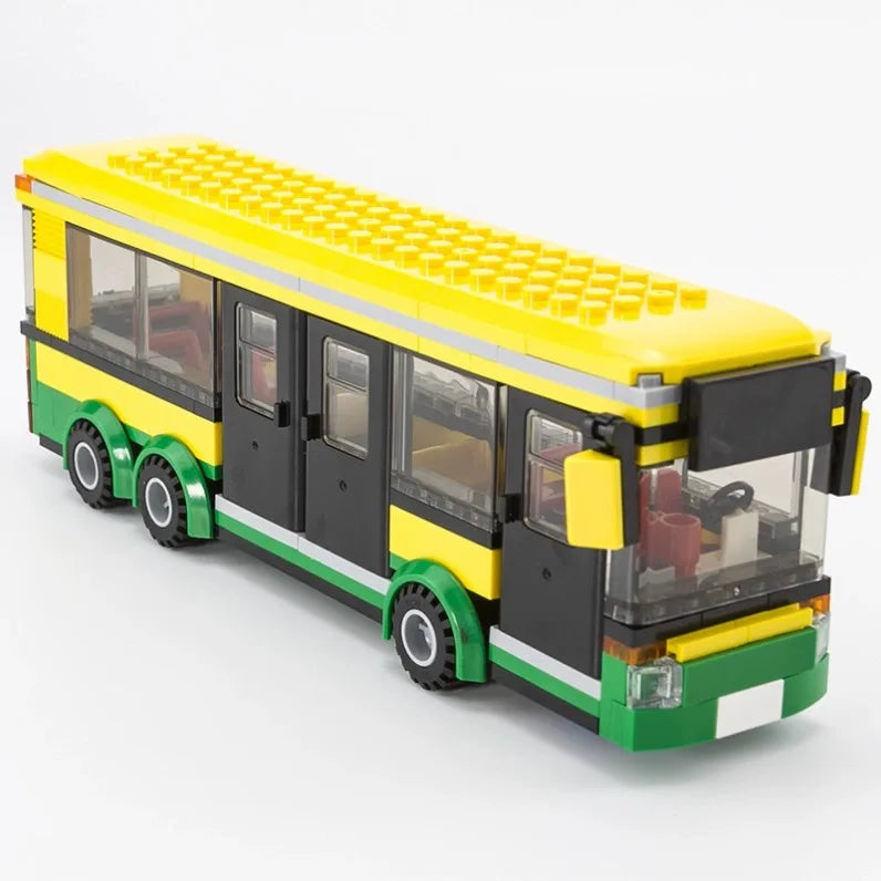 City Car Yellow Passenger School Bus Station Single-Deck Public Set Figures Model Building Blocks DIY Toys For Children Gifts