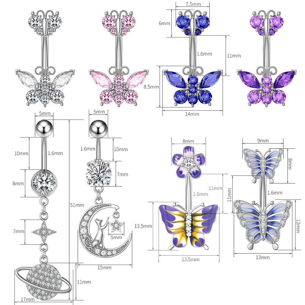 Surgical Steel Cute Butterfly Belly Button Rings Fashion Crystal CZs Dangled Navel Piercing Ombligo Women Body Jewelry 1.6*10mm