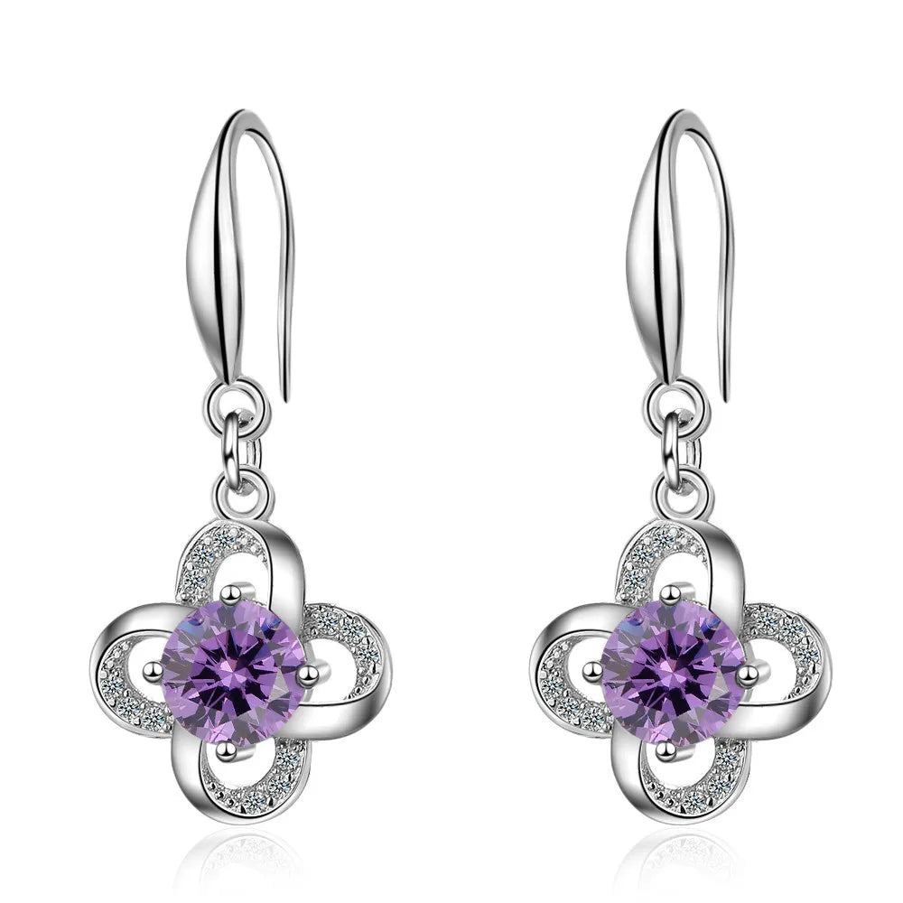 925 Sterling Silver Jewelry Sparkling Zirconia Clover Flower Twist Windmill Forever Drop Earrings For Women