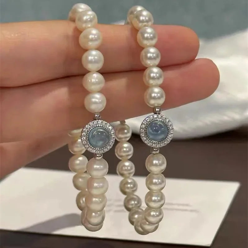 925 Sterling Silver Blue Zircon Pearl Bracelet Women French Vintage Luxury Charm Bracelets Fashion Party Jewelry Holiday Gifts
