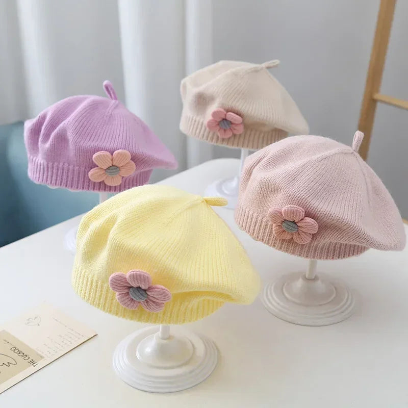 Baby Floral Beret Hat Knitted Woolen Beanie Hat Autumn Winter Warm Artist Painter Cap Princess Style Kids Girls Flower Beret Hat