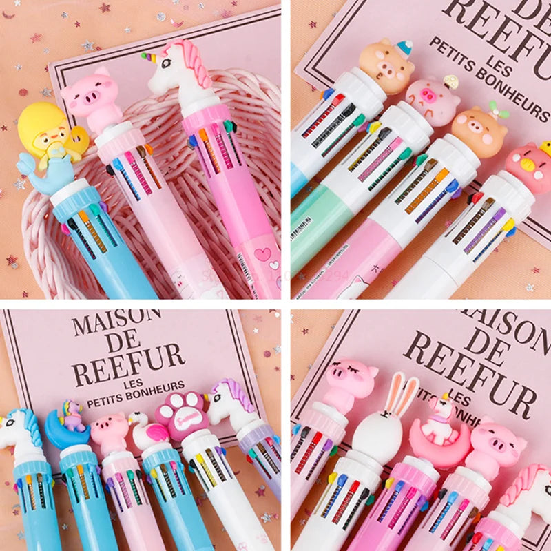 Hemasa New Girl'S Heart Creative Cartoon Silicone 10-Color Ballpoint Pen Kawaii Cartoon Students Multi-Color 0.5mm Stationery Gifts