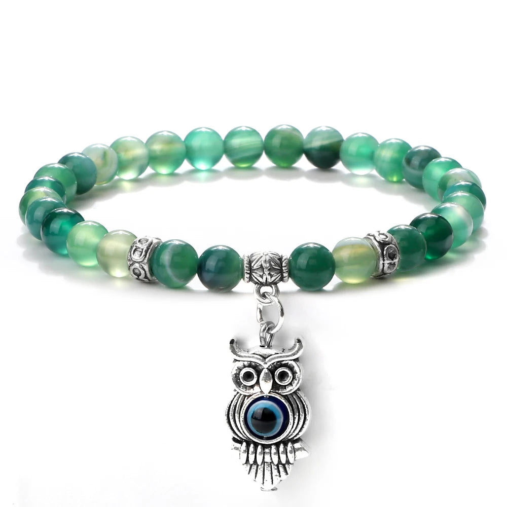 6 8mm Chakra Beads Men Bracelets Charm Owl Evil Eye Pendant Classic Tiger Eye Stone Agate Quartz Malachite Women Yoga Jewelry
