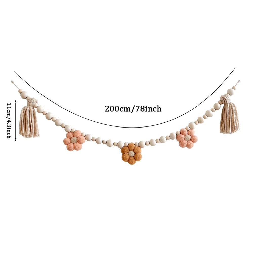 INS Hanging Wooden Beads Garland Boho Felt Daisy Tassel Wall Decoration Boho Baby Kids Room Decor Hanging Pendant Photo Props