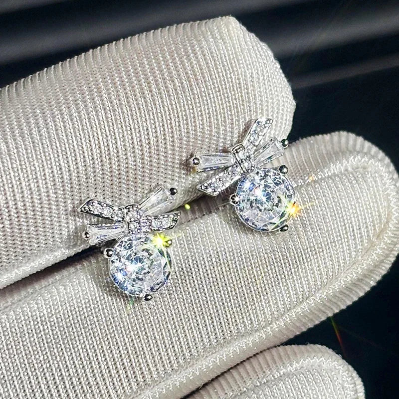 Huitan Chic Shining Zirconia Stud Earrings for Women Delicate Bowknot Accessories for Engagement Graceful Lady Daily Jewelry